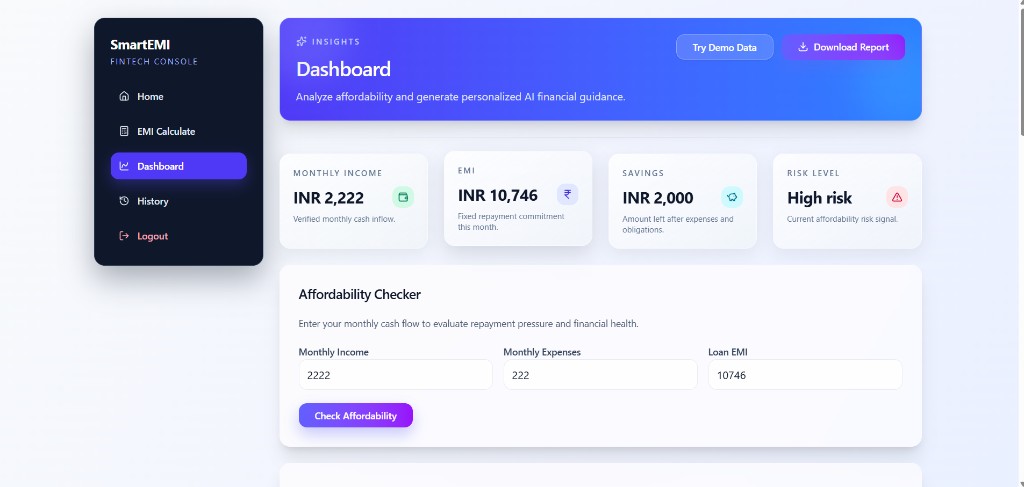 SmartEMI Fintech Console — dashboard with affordability checker and financial insights